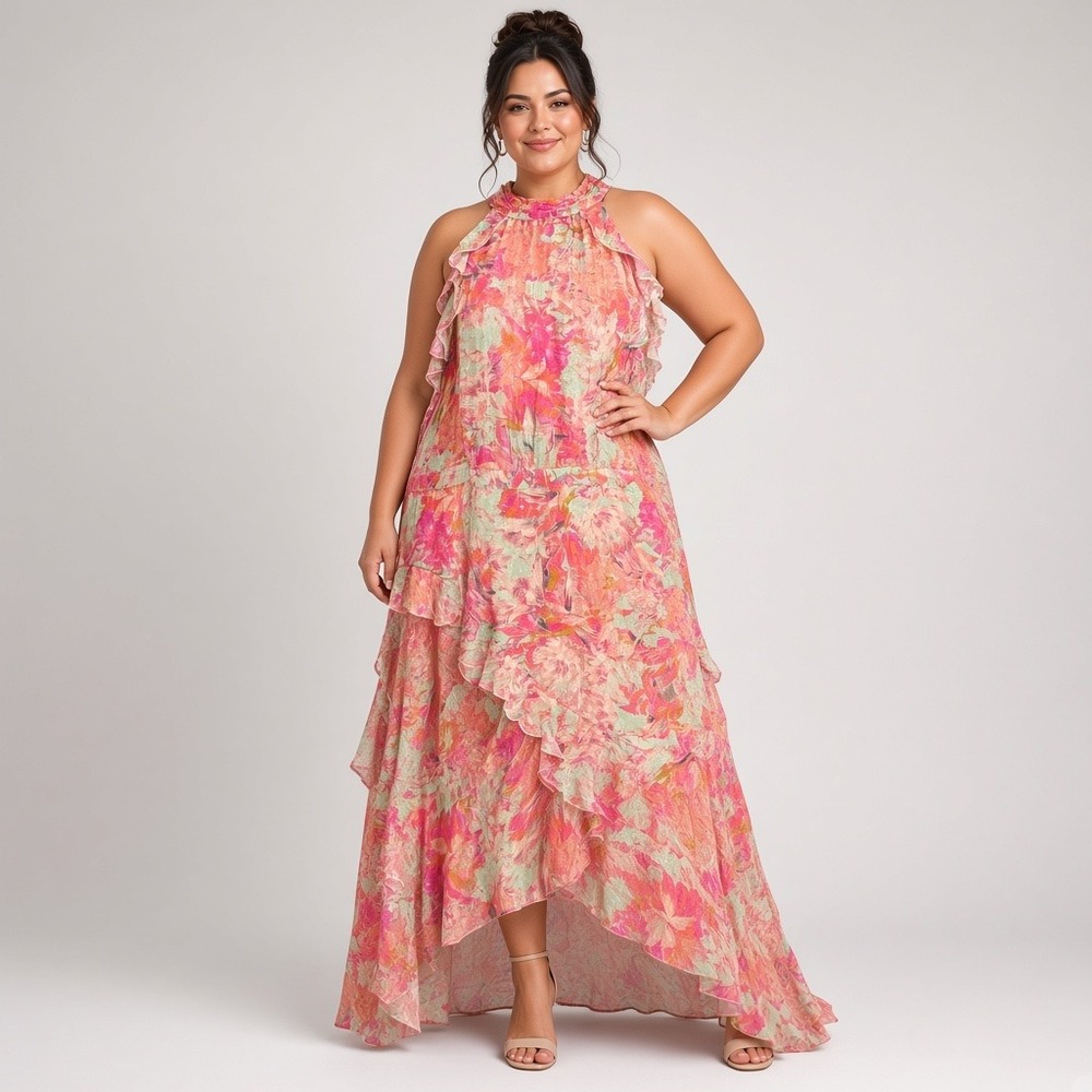 NEW Alex Marie Fiona Floral Halter Maxi Dress Pink Teal Sleeveless Women 16W